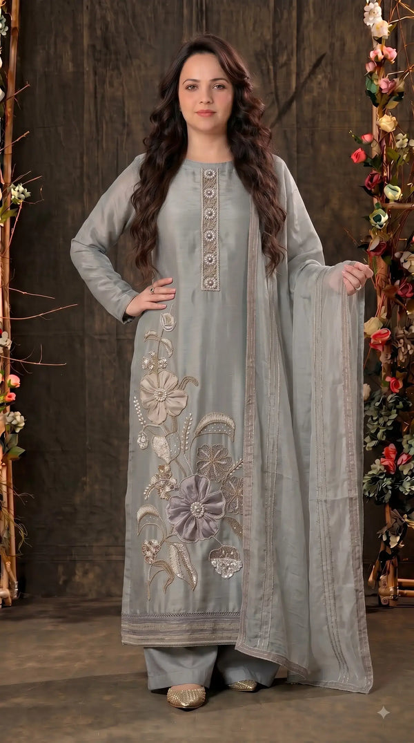 Premium Designer Silver Shade Designer Suit in Soft Tissue Fabric with Royal Hand Work