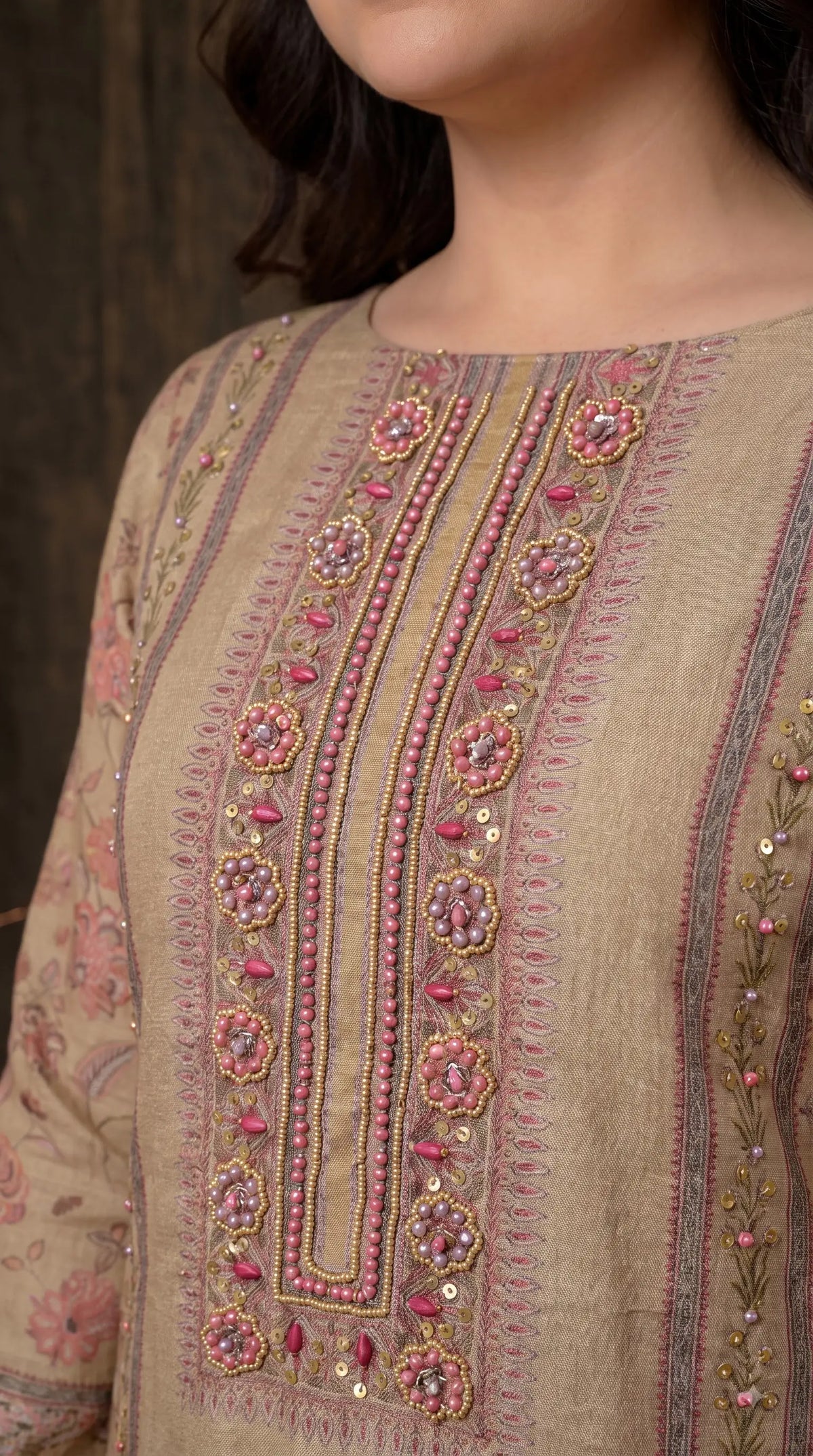 Premium Designer Beige-Gold Very Soft Tissue Suit with Pink Floral Pearl, Bead & Sequin Work