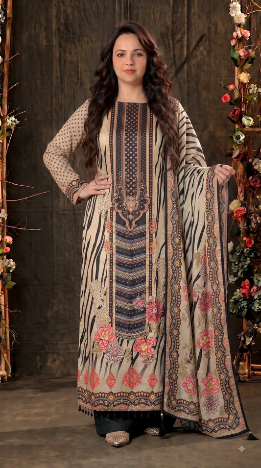Premium Designer Beige Black Silk Suit with Floral Print, Pearl Work & Elegant Dupatta