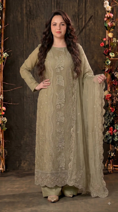 Premium Designer Soft Crush Pearl Work Suit – Soft Olive