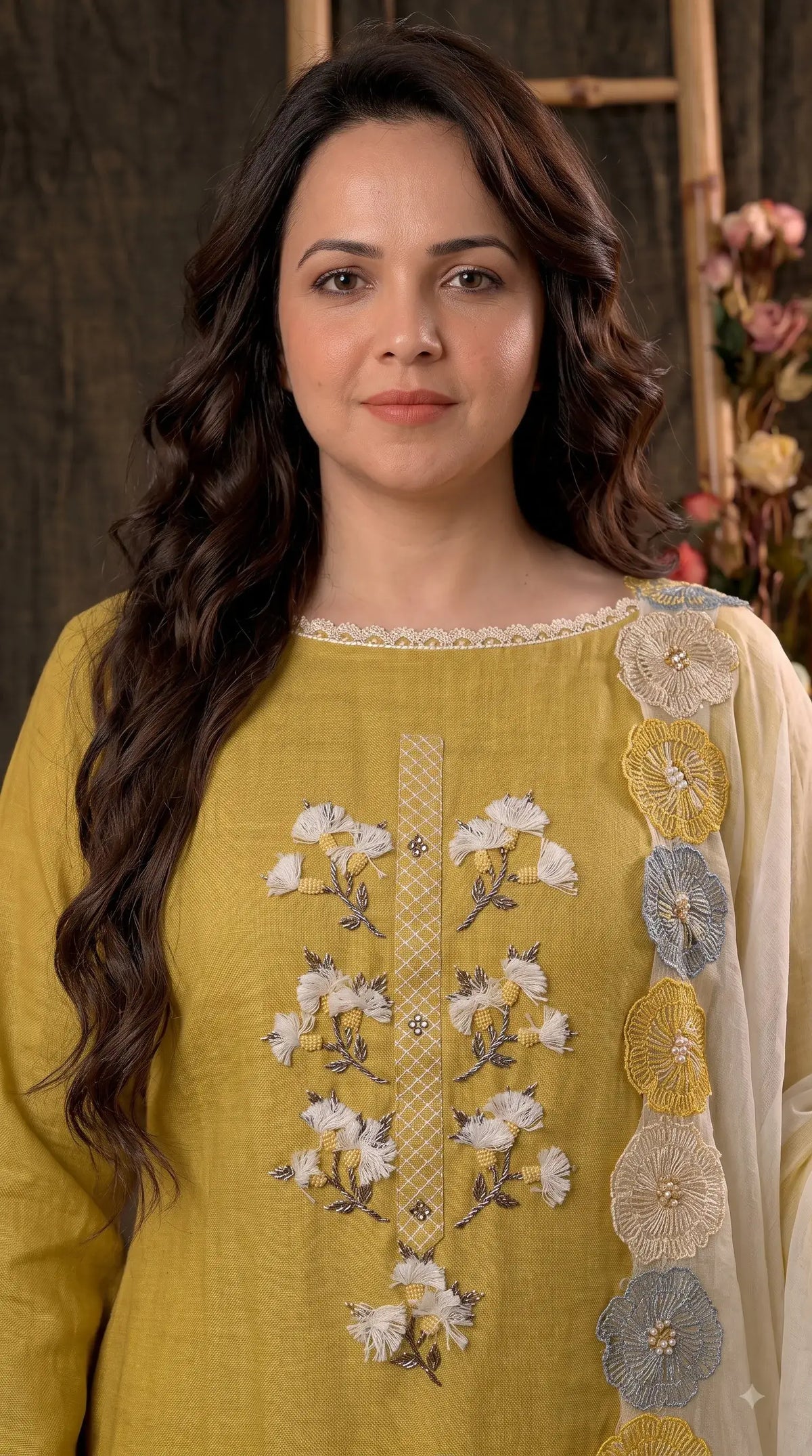 Premium Designer Mustard Yellow Soft Cotton Suit with Floral Bead & Sequin Work