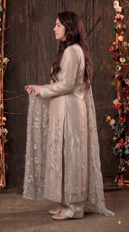 Premium Designer Ivory Taneria Suit with Silver Floral Embroidery & Embroidered Dupatta