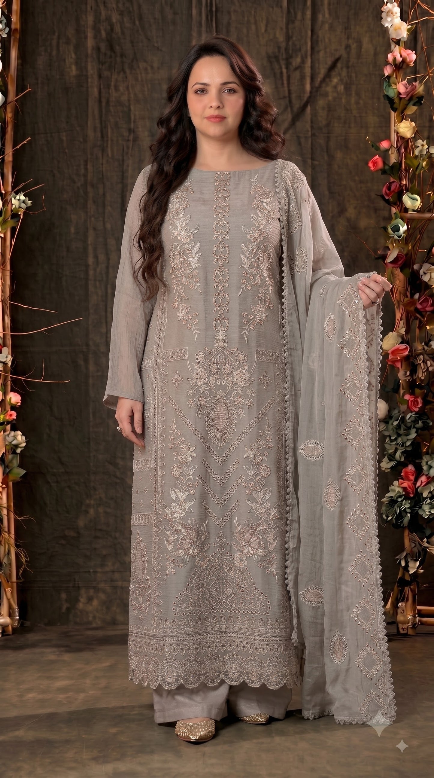 Premium Designer Taupe Grey Soft Crush Tissue Suit with Pearl, Sequin & Floral Embroidery Work