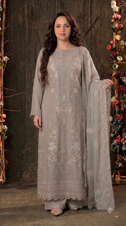 Premium Designer Taupe Grey Soft Crush Tissue Suit with Pearl, Sequin & Floral Embroidery Work