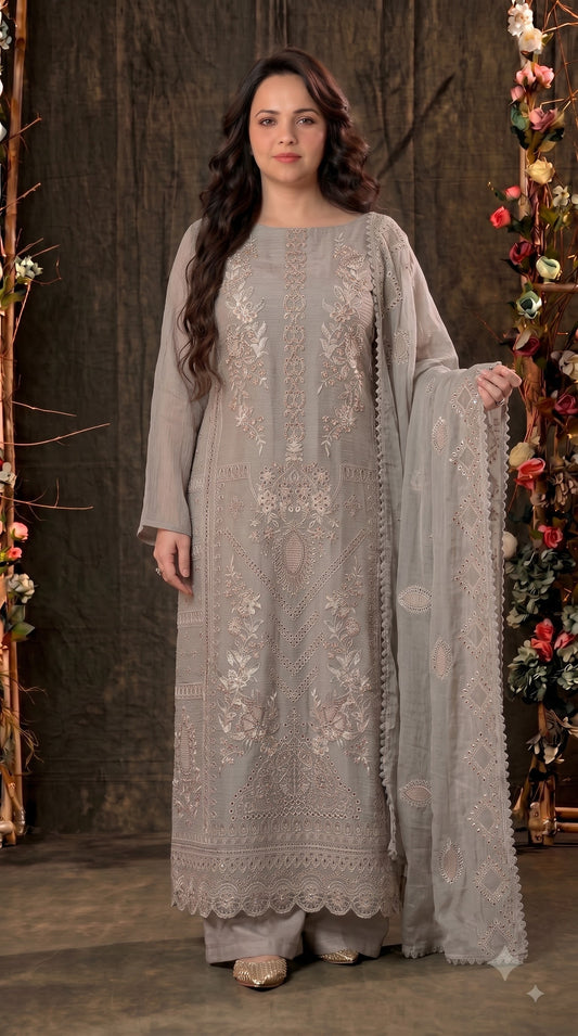Premium Designer Taupe Grey Soft Crush Tissue Suit with Pearl, Sequin & Floral Embroidery Work