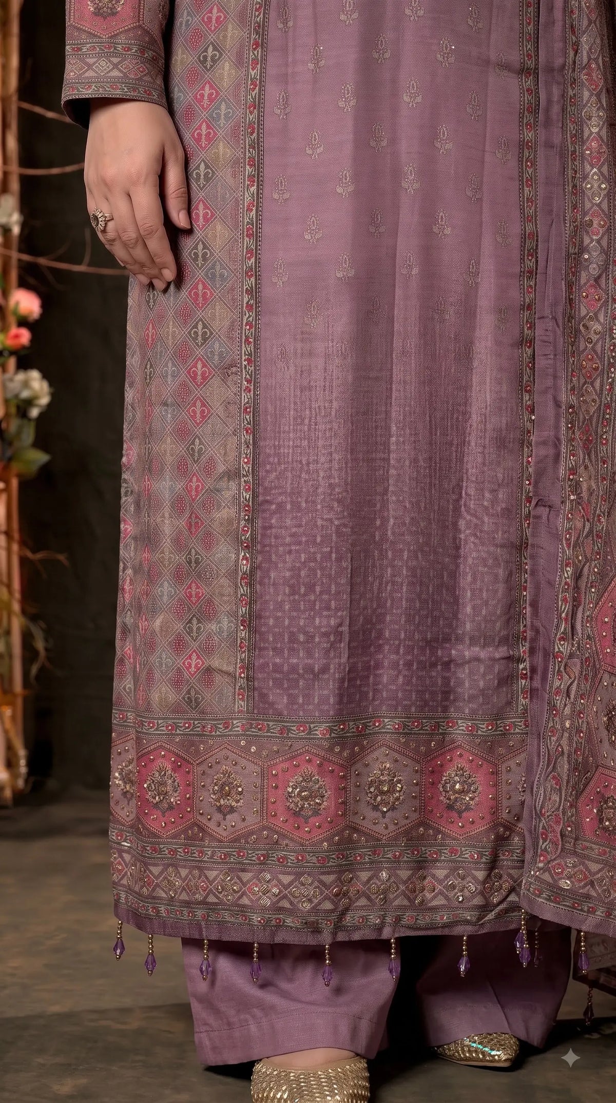 Premium Designer Dusty Purple Soft Tissue Suit with Pearl, Sequin & Stone Work