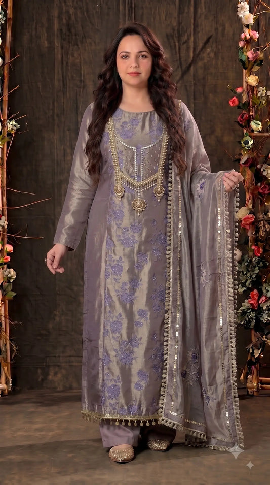 Premium Designer Smoky Mauve Kunbi Textured Suit with Pearl & Floral Embellishment