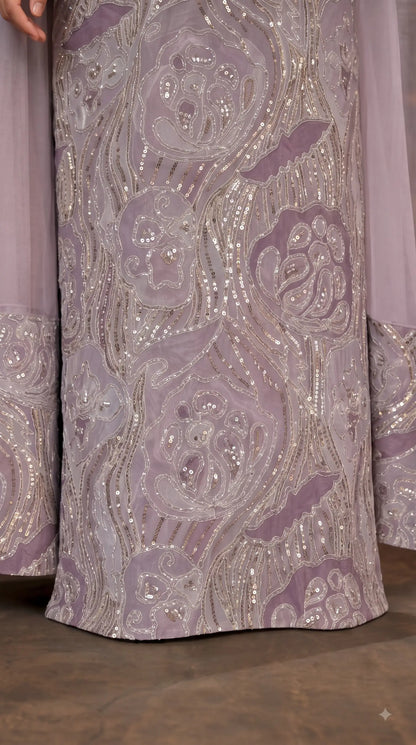 Pakistani Designer Lavender Shade Organza Ethnic-Western Suit with Pearl, Bead & Sequin Work