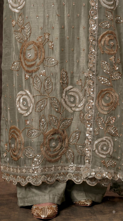 Premium Dusty Sage Green Soft Tissue Designer Suit with Pearl Work