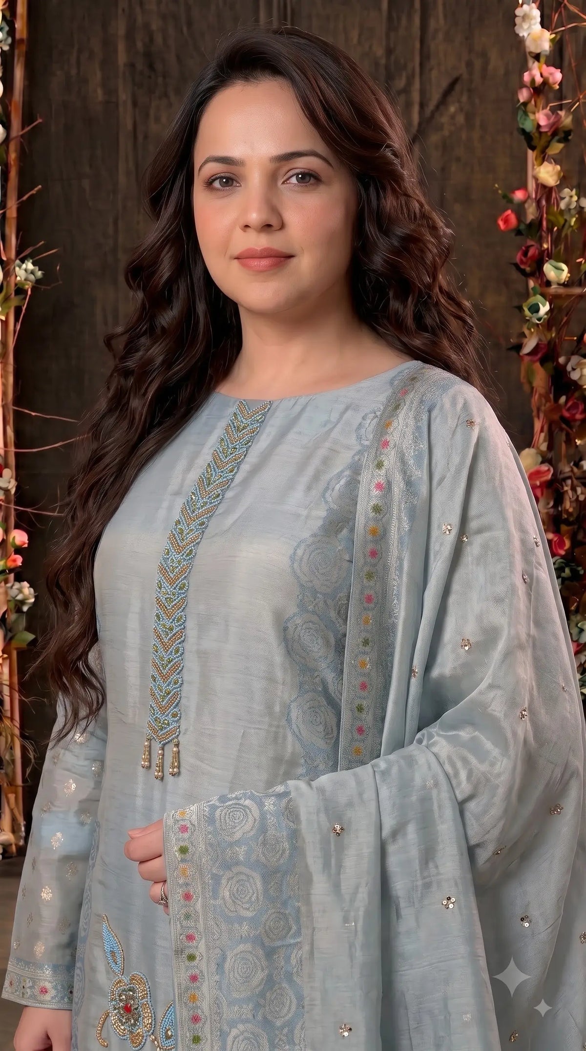 Premium Designer Sky Blue Banarsi Suit with Floral Bead & Sequin Work