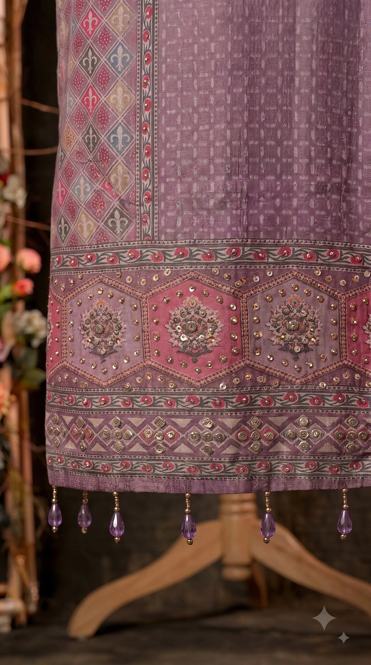 Premium Designer Dusty Purple Soft Tissue Suit with Pearl, Sequin & Stone Work