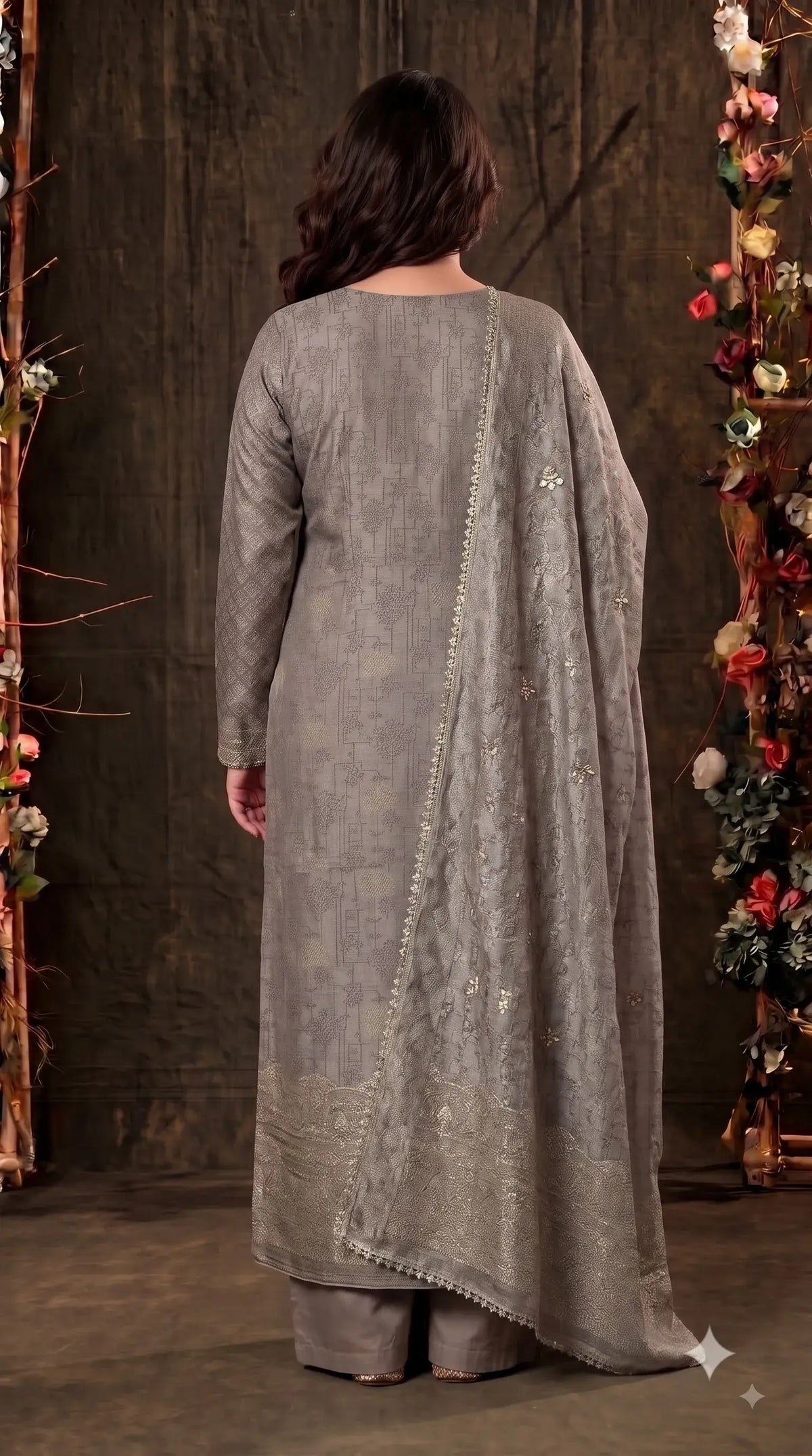 Pakistani Designer Silver Grey Banarsi Suit with Mirror & Pearl Work