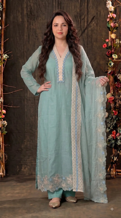 Pakistani Designer Soft Sage Green Pure Cotton Suit with Floral Embroidery, Lace & Pearl Detailing
