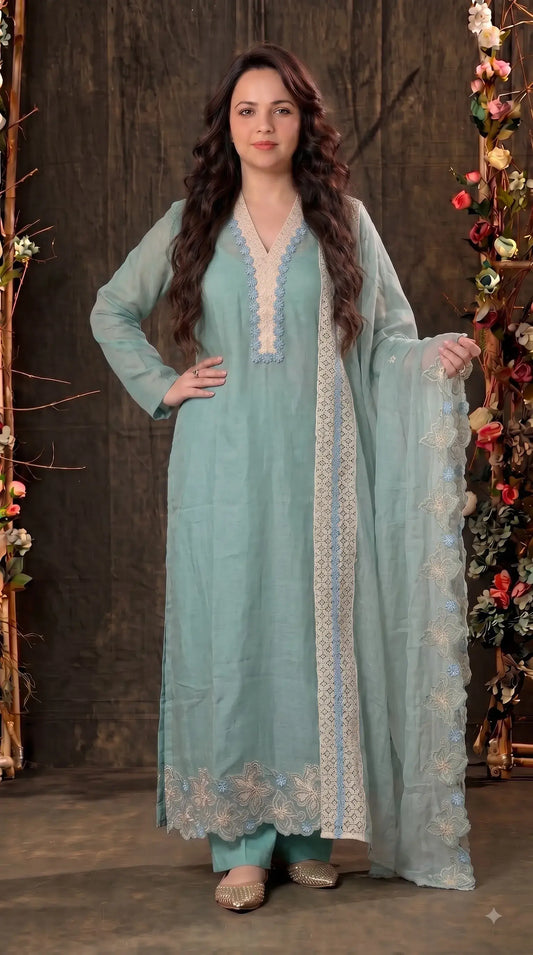 Pakistani Designer Soft Sage Green Pure Cotton Suit with Floral Embroidery, Lace & Pearl Detailing