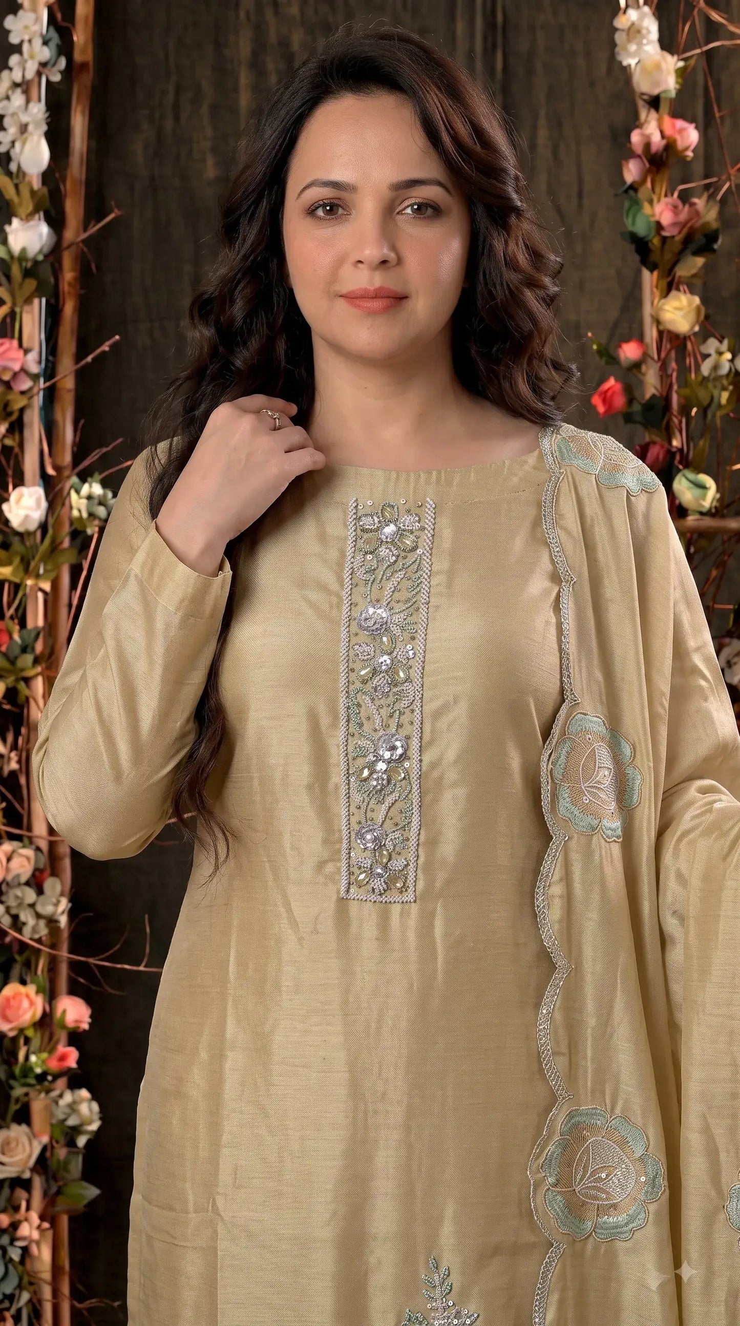 Premium Designer Yellow Luxury Tissue Suit with Pearl, Bead & Sequin Floral Work