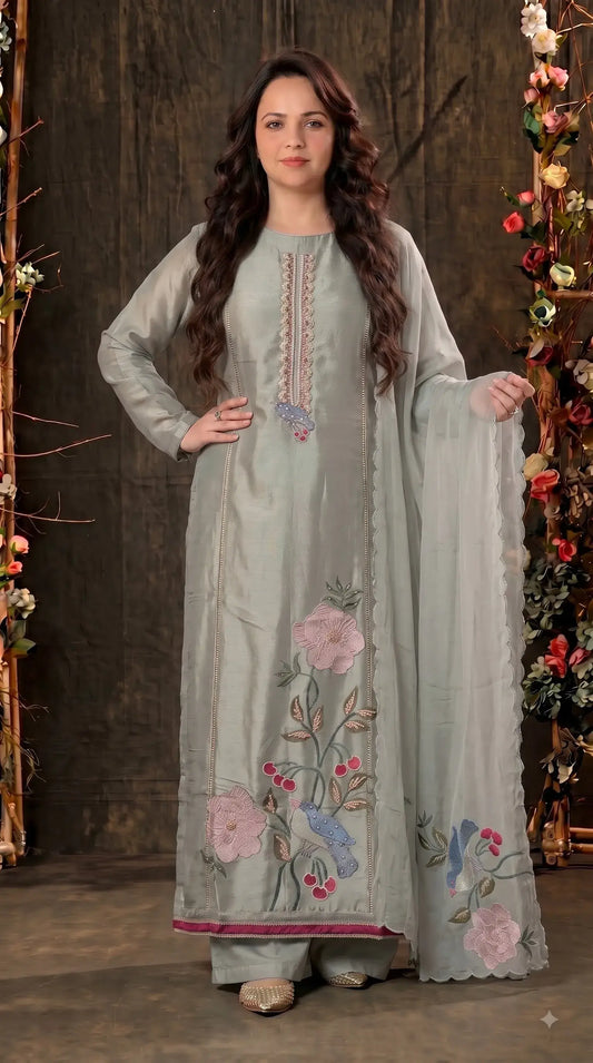 Premium Sage Green Tissue Pakistani Designer Suit with Floral & Bird Embroidery