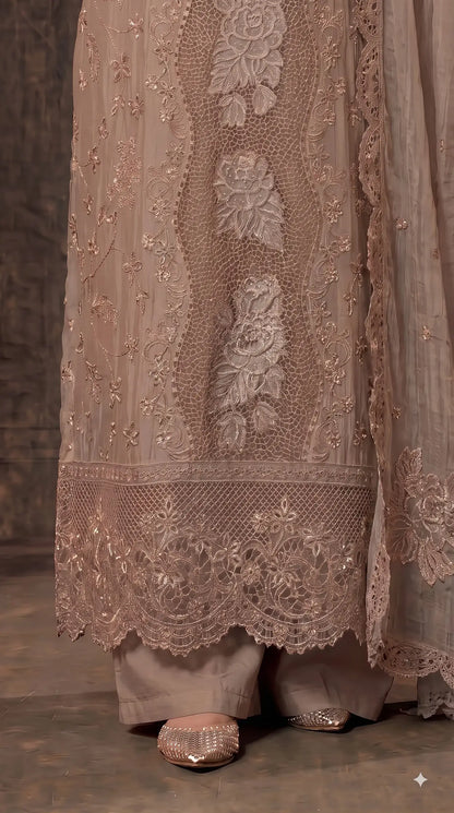 Premium Designer Mocha Gold Crush Suit with Pearl & Cutwork Detailing