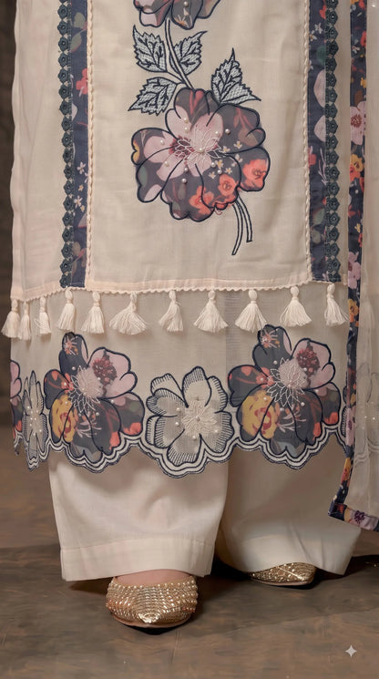 Premium Designer Off-White Soft Cotton Suit with Floral Detailing & Pearl Accents