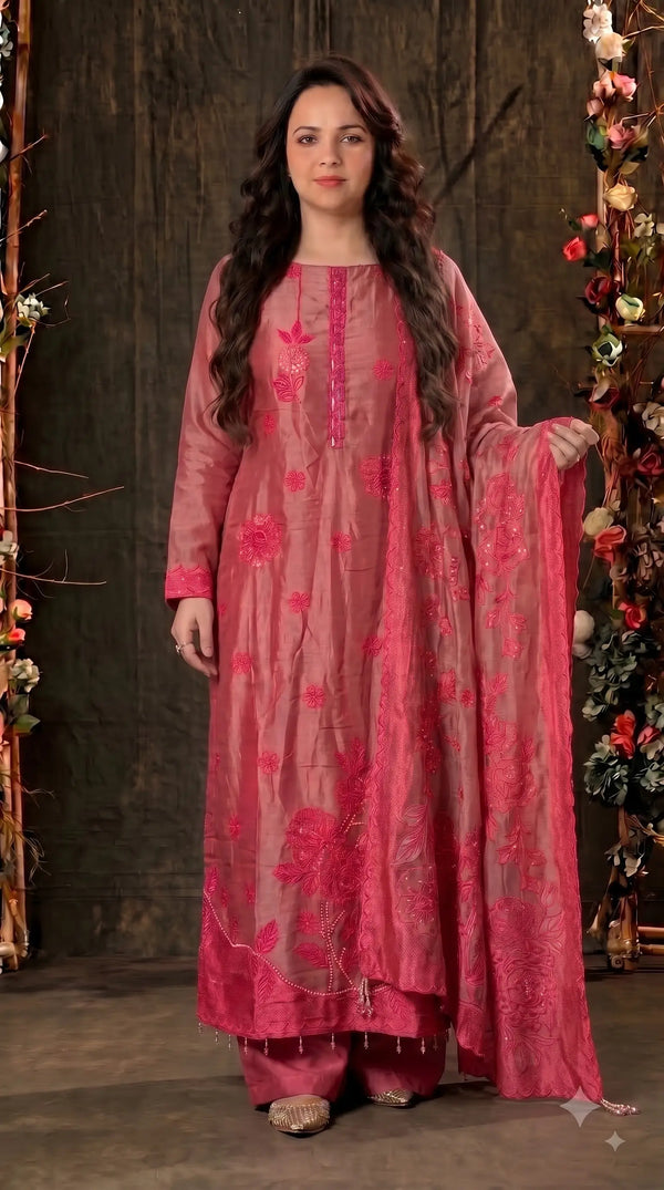 Premium Designer Rose Pink Super Soft Organza Suit with Floral Embroidery, Pearl & Sequin Work