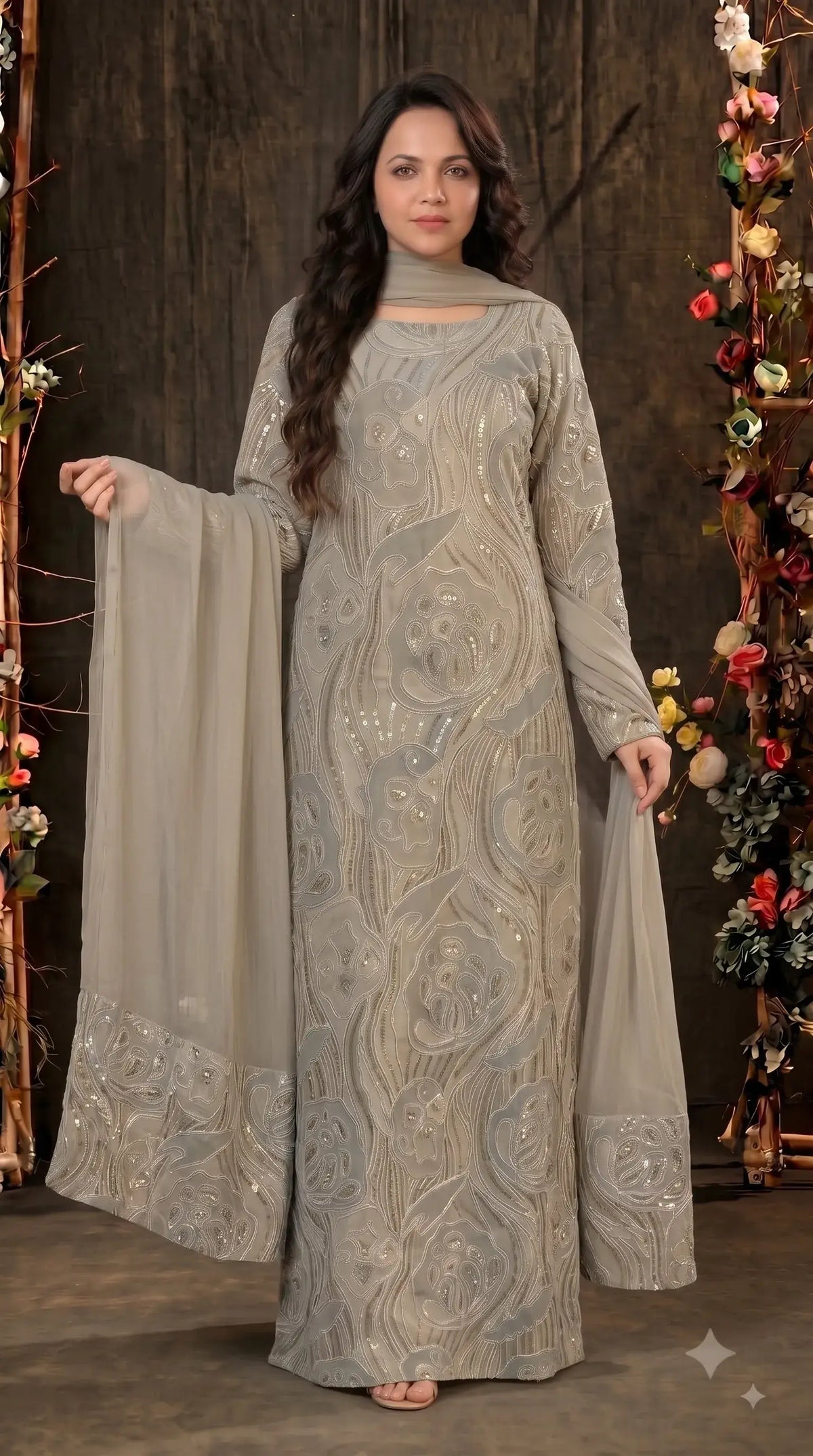 Premium Designer Ivory & Blue Organza Ethnic-Western Suit with Pearl, Bead & Sequin Work