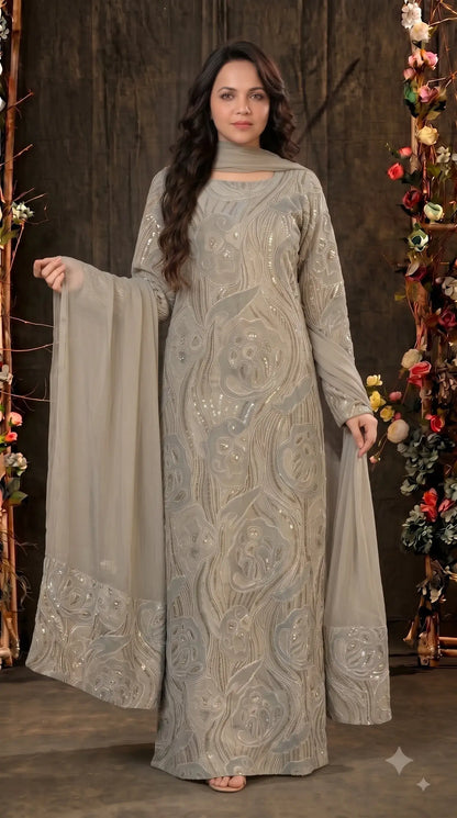 Premium Designer Ivory & Blue Organza Ethnic-Western Suit with Pearl, Bead & Sequin Work