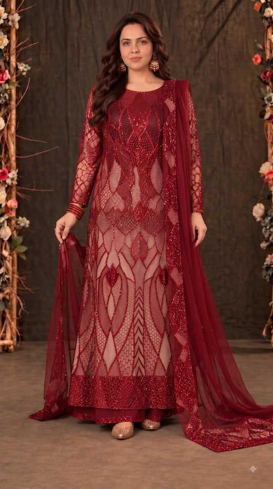 Royal Red Imported Premium Soft Net Pakistani Designer Suit with Handwork, Cut Dana, Pearl & Sequin Work