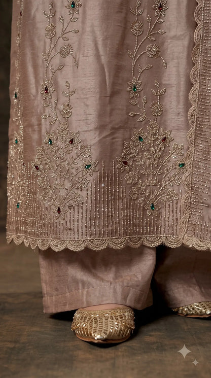 Pakistani Designer Rose Pink Ziraf Suit with Pearl, Bead & Stone Work