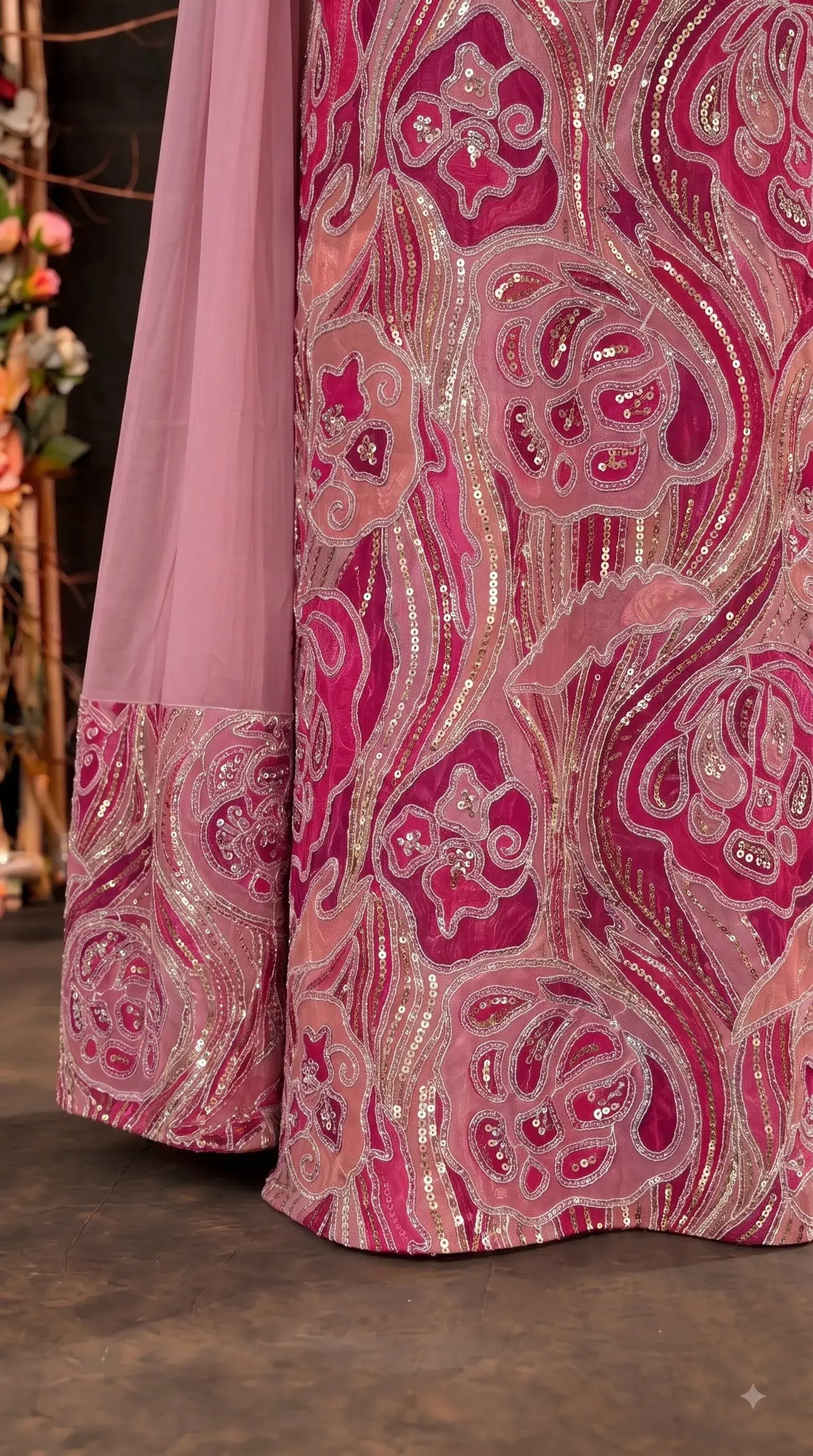 Pakistani Designer Pink Shade Organza Ethnic-Western Suit with Pearl, Bead & Sequin Work
