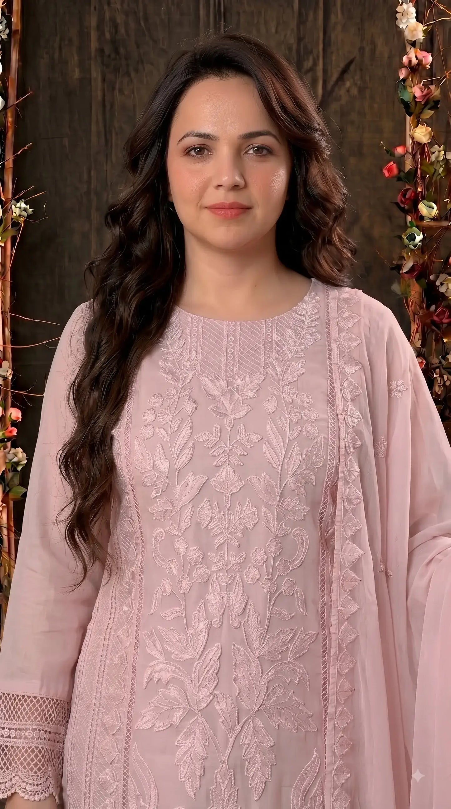 Premium Designer Soft Pink Soft Organza Suit with Appliqué Work