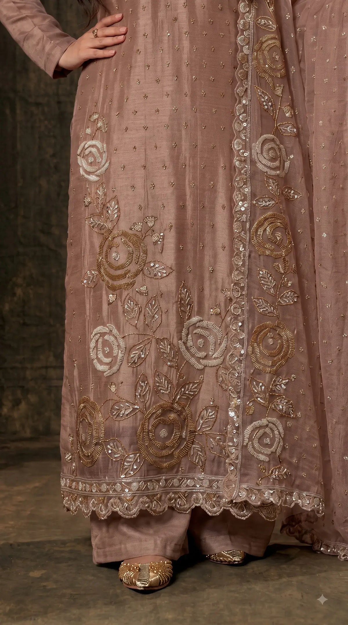 Premium Dusty Rose Taupe Soft Tissue Designer Suit with Pearl Work