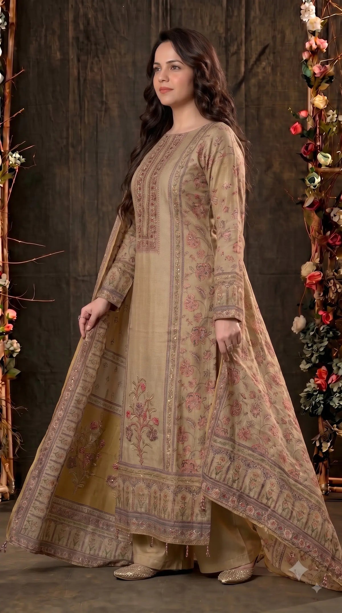Premium Designer Beige-Gold Very Soft Tissue Suit with Pink Floral Pearl, Bead & Sequin Work