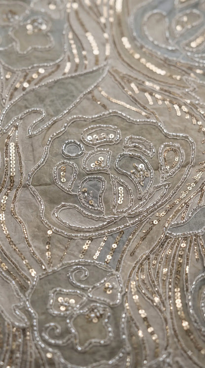 Premium Designer Ivory & Blue Organza Ethnic-Western Suit with Pearl, Bead & Sequin Work