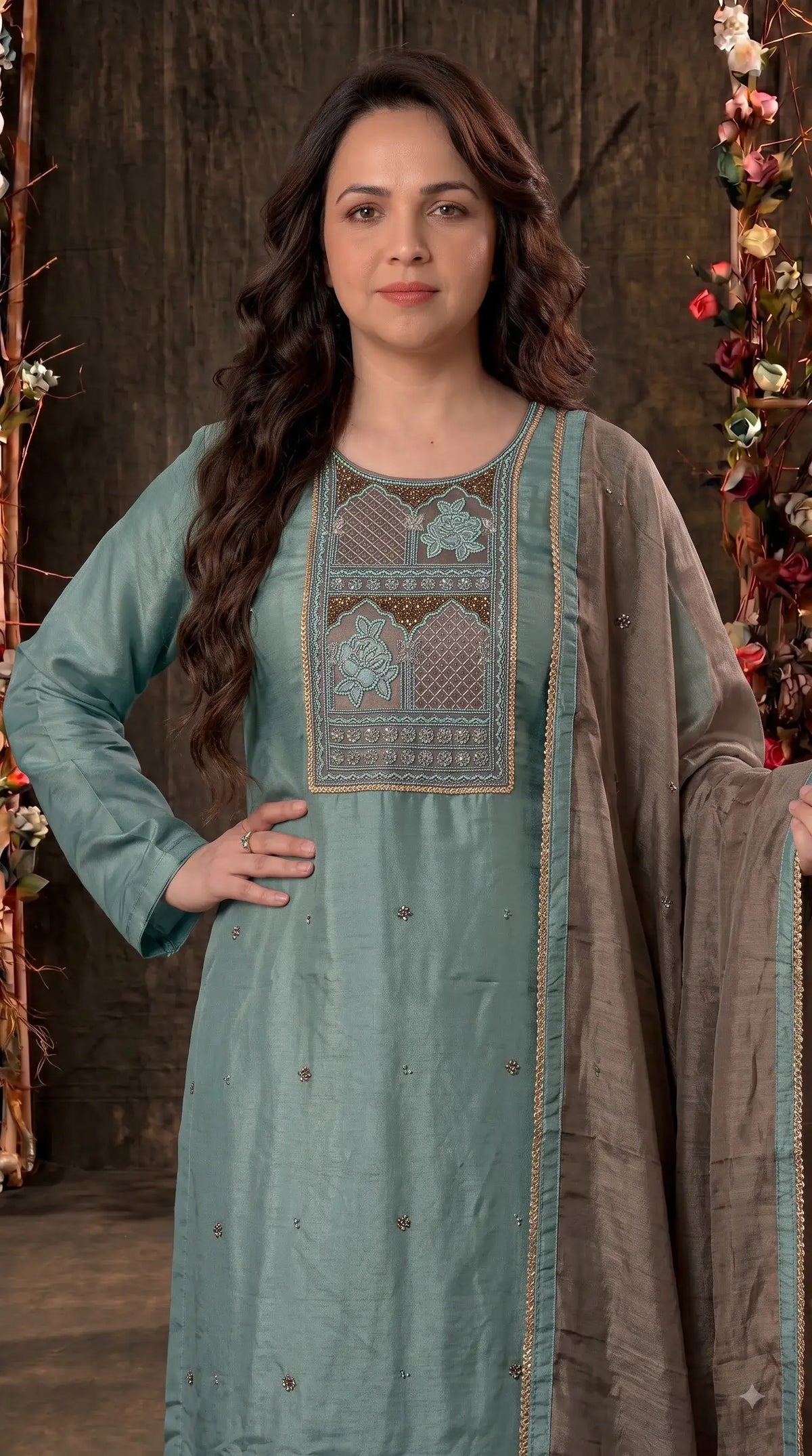 Pakistani Designer Sea Green Tissue Suit with Embroidery, Pearl & Sequin Work