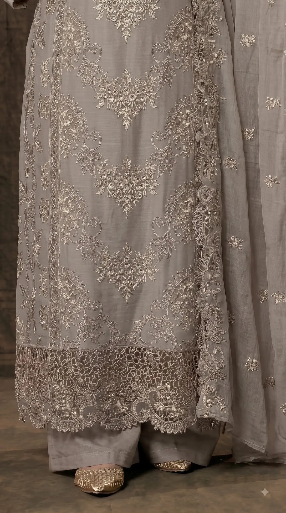 Pakistani Designer Ivory Marble Chiffon Suit with Cutwork Embroidery & Swarovski Work Pakistani Suit