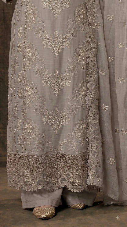 Pakistani Designer Ivory Marble Chiffon Suit with Cutwork Embroidery & Swarovski Work Pakistani Suit