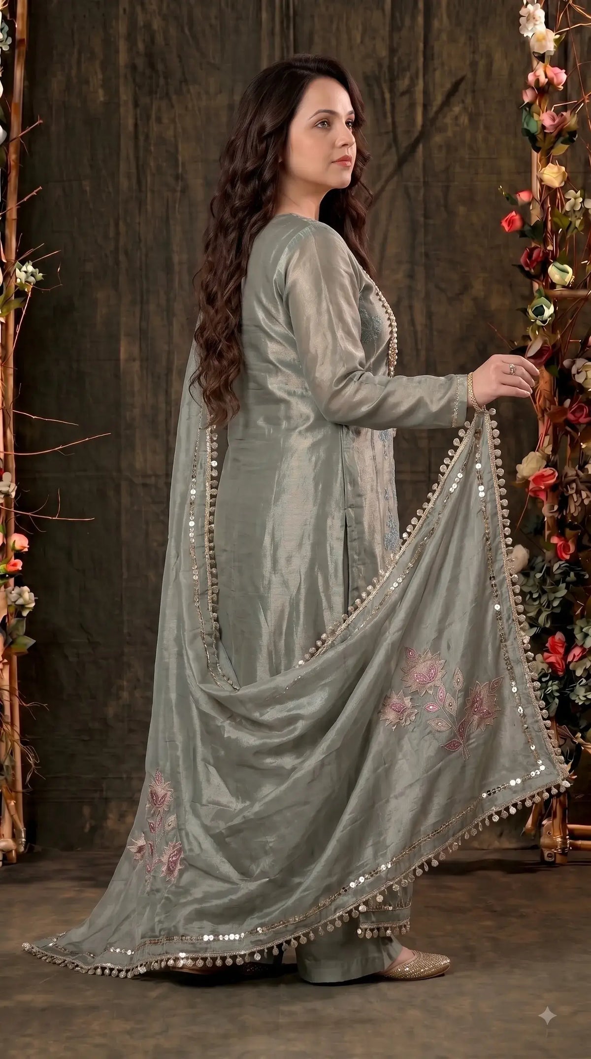 Premium Pastel Tissue Pakistani Designer Suit with Floral Embroidery, Pearl & Sequin Handwork