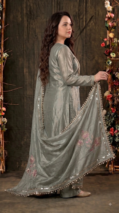 Premium Pastel Tissue Pakistani Designer Suit with Floral Embroidery, Pearl & Sequin Handwork