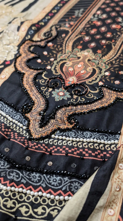 Premium Designer Beige Black Silk Suit with Floral Print, Pearl Work & Elegant Dupatta