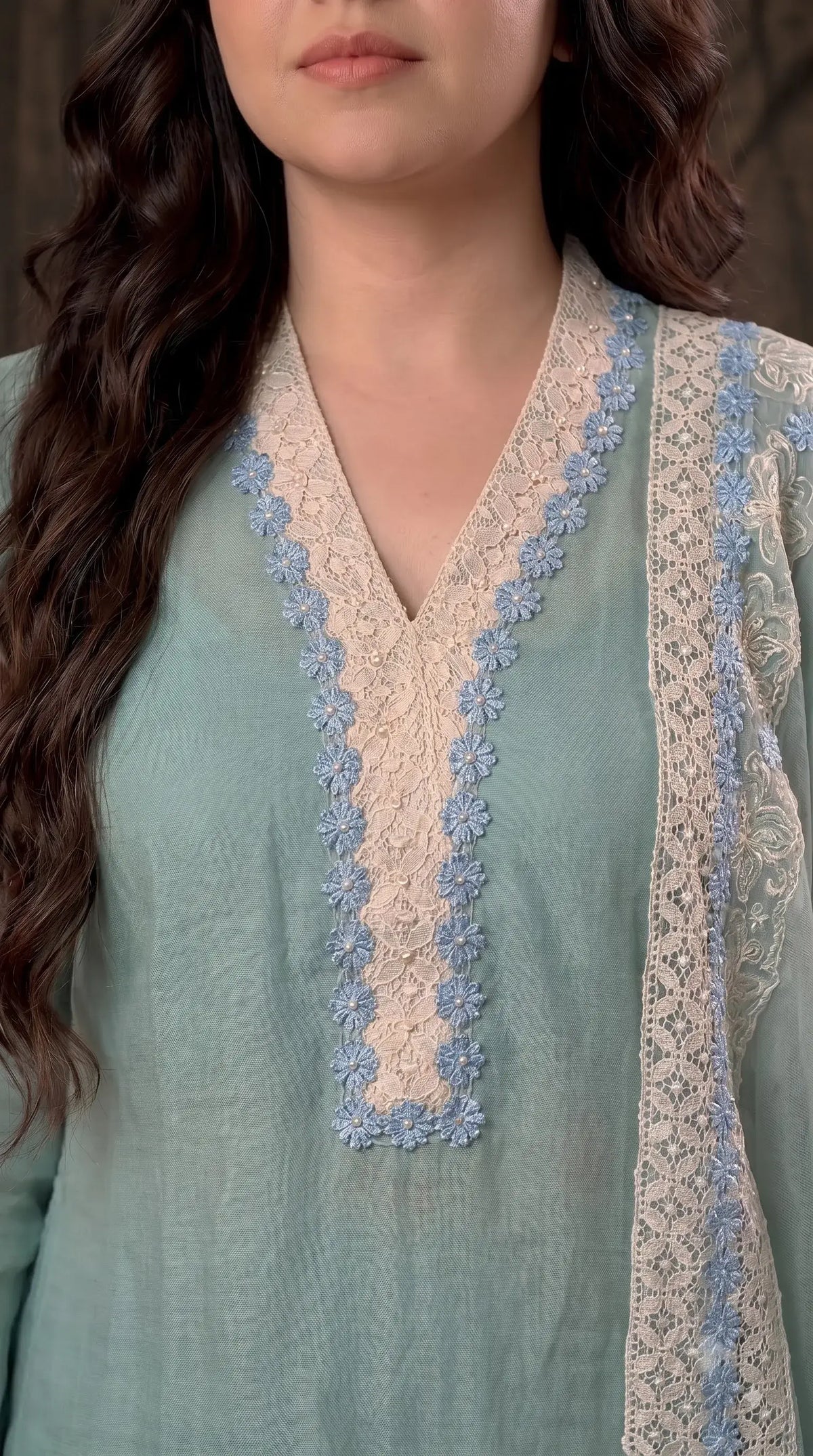 Pakistani Designer Soft Sage Green Pure Cotton Suit with Floral Embroidery, Lace & Pearl Detailing