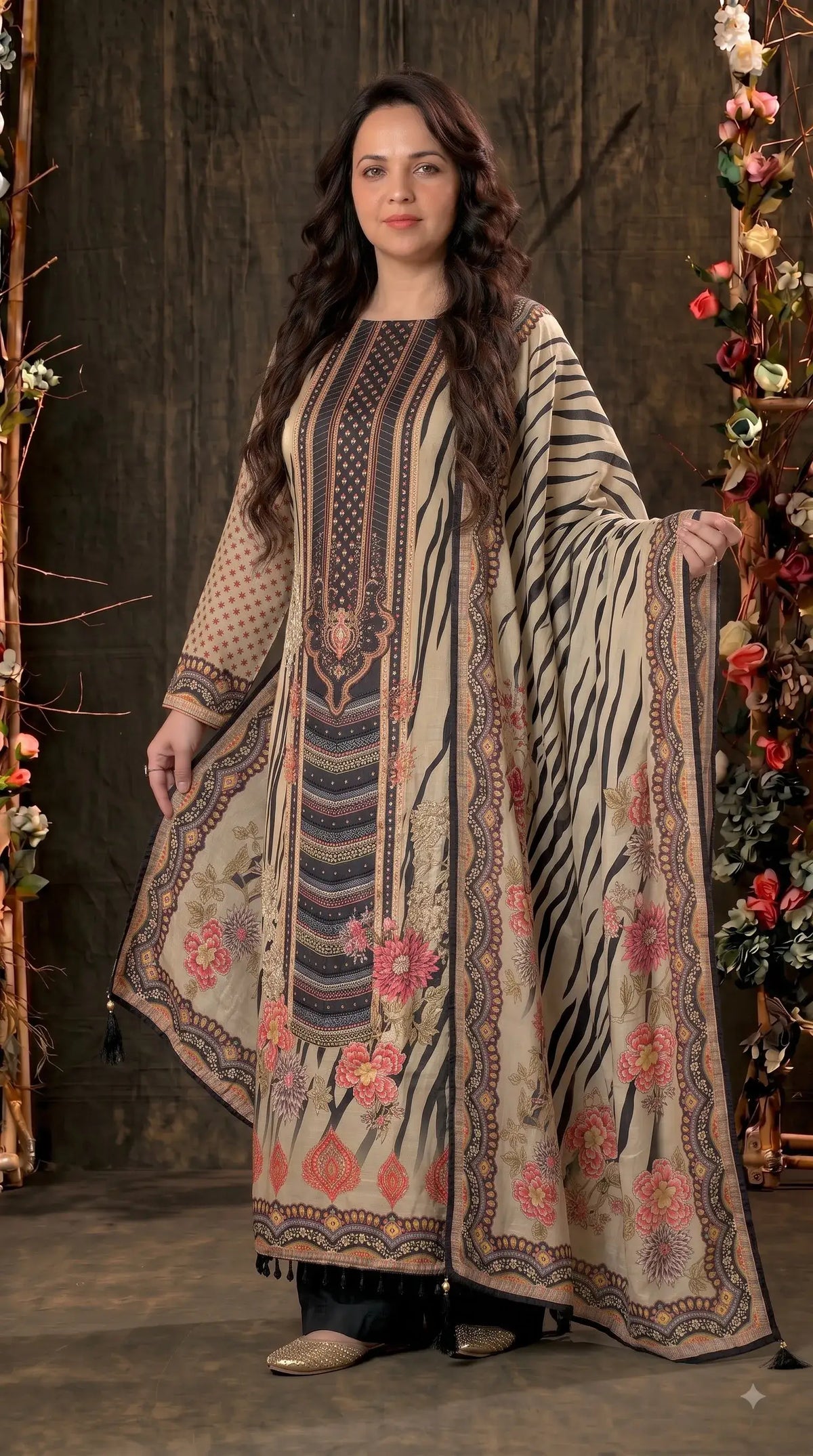 Premium Designer Beige Black Silk Suit with Floral Print, Pearl Work & Elegant Dupatta