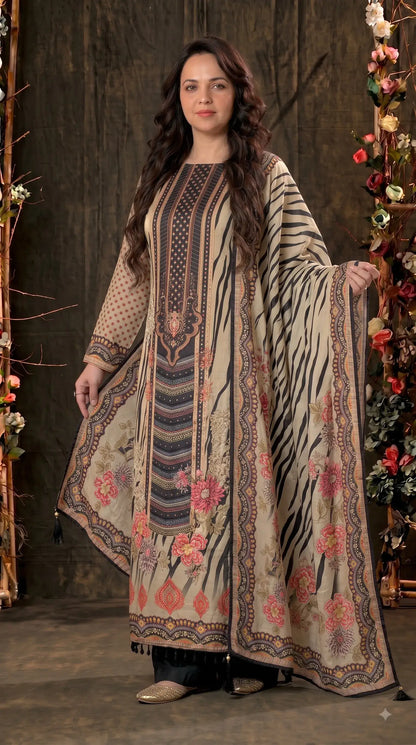 Premium Designer Beige Black Silk Suit with Floral Print, Pearl Work & Elegant Dupatta