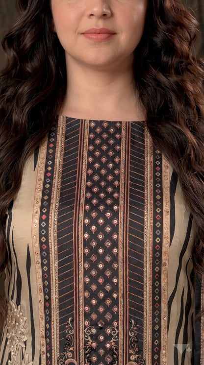 Premium Designer Beige Black Silk Suit with Floral Print, Pearl Work & Elegant Dupatta