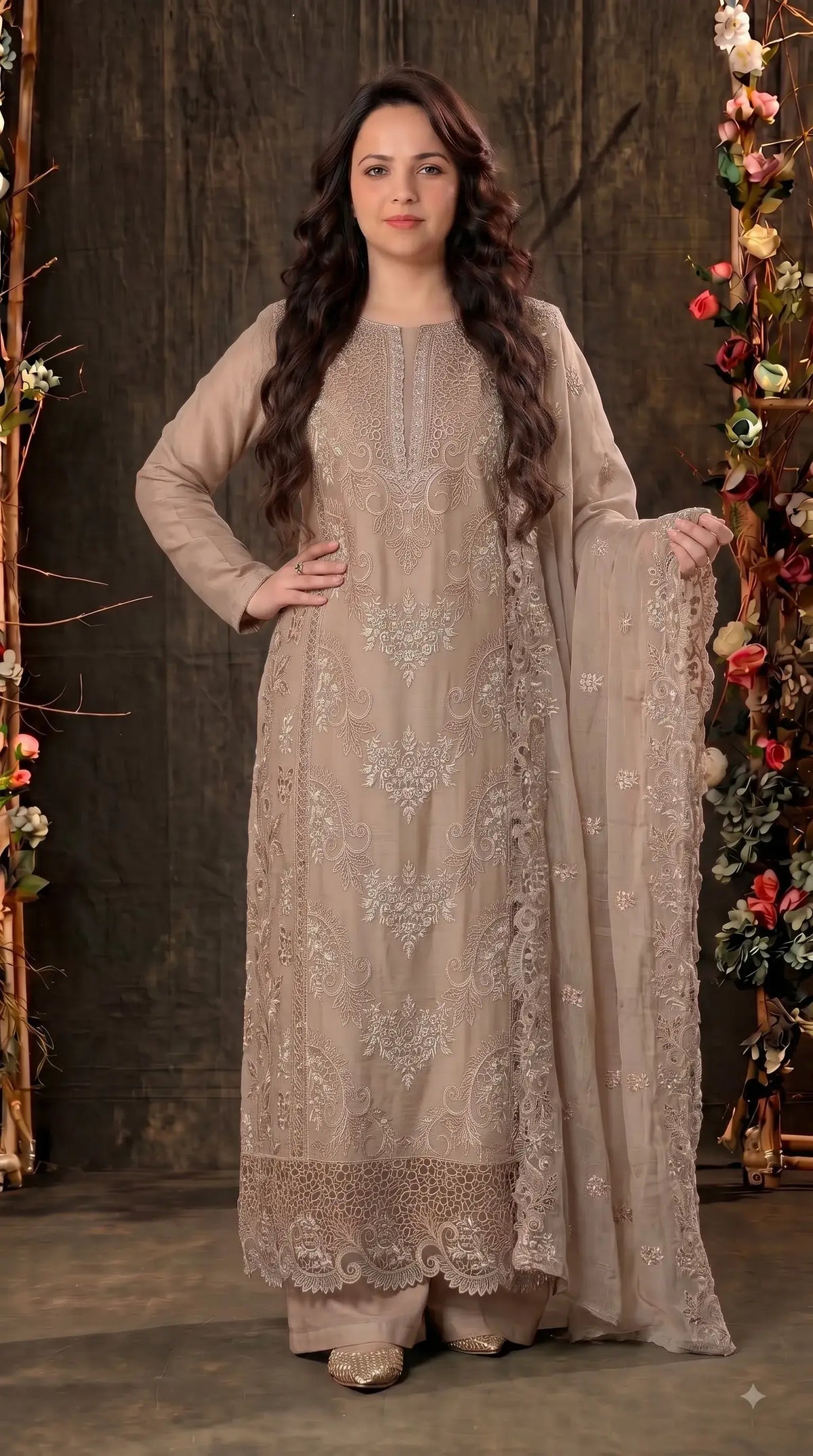 Premium Designer Taupe Beige Marble Chiffon Suit with Cutwork Embroidery & Swarovski Work