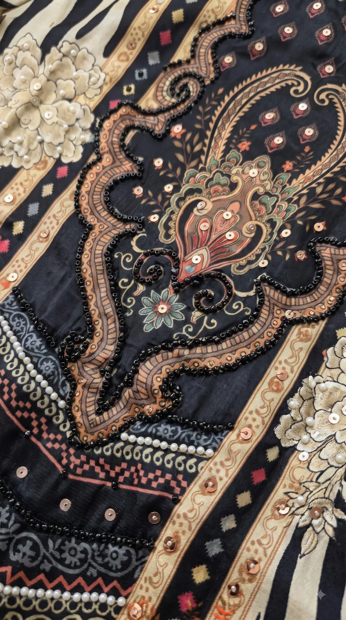 Premium Designer Beige Black Silk Suit with Floral Print, Pearl Work & Elegant Dupatta