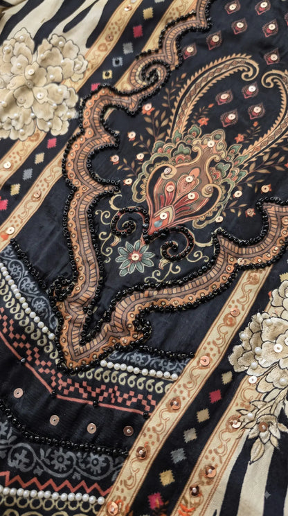 Premium Designer Beige Black Silk Suit with Floral Print, Pearl Work & Elegant Dupatta