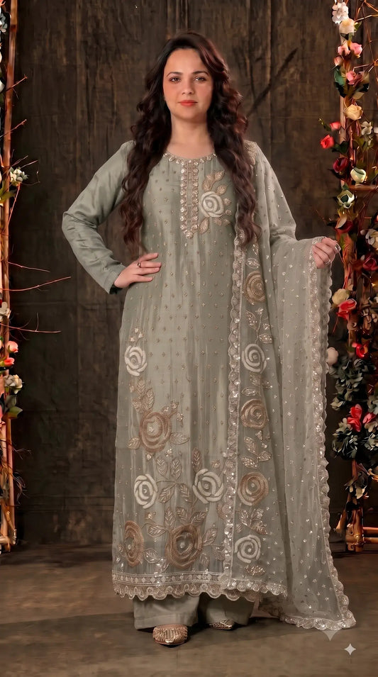 Premium Dusty Sage Green Soft Tissue Designer Suit with Pearl Work