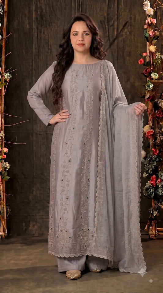 Pakistani Designer Mauve Grey Ziraf Suit with Pearl, Bead & Stone Work