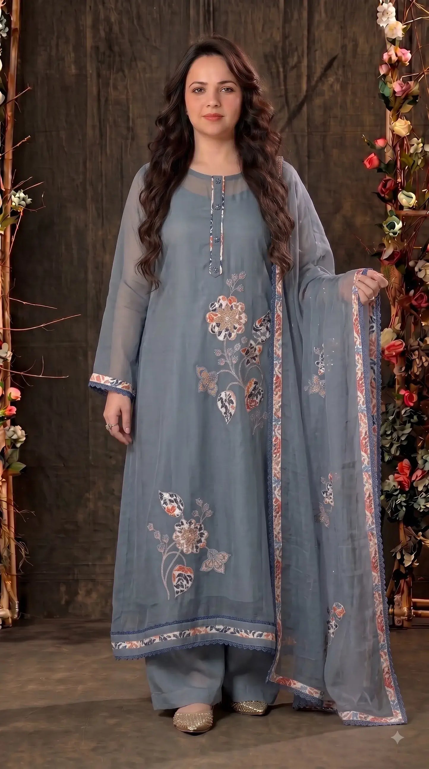 Premium Designer Slate Blue Soft Cotton Pakistani Suit with Floral Appliqué Work