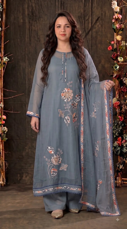 Premium Designer Slate Blue Soft Cotton Pakistani Suit with Floral Appliqué Work