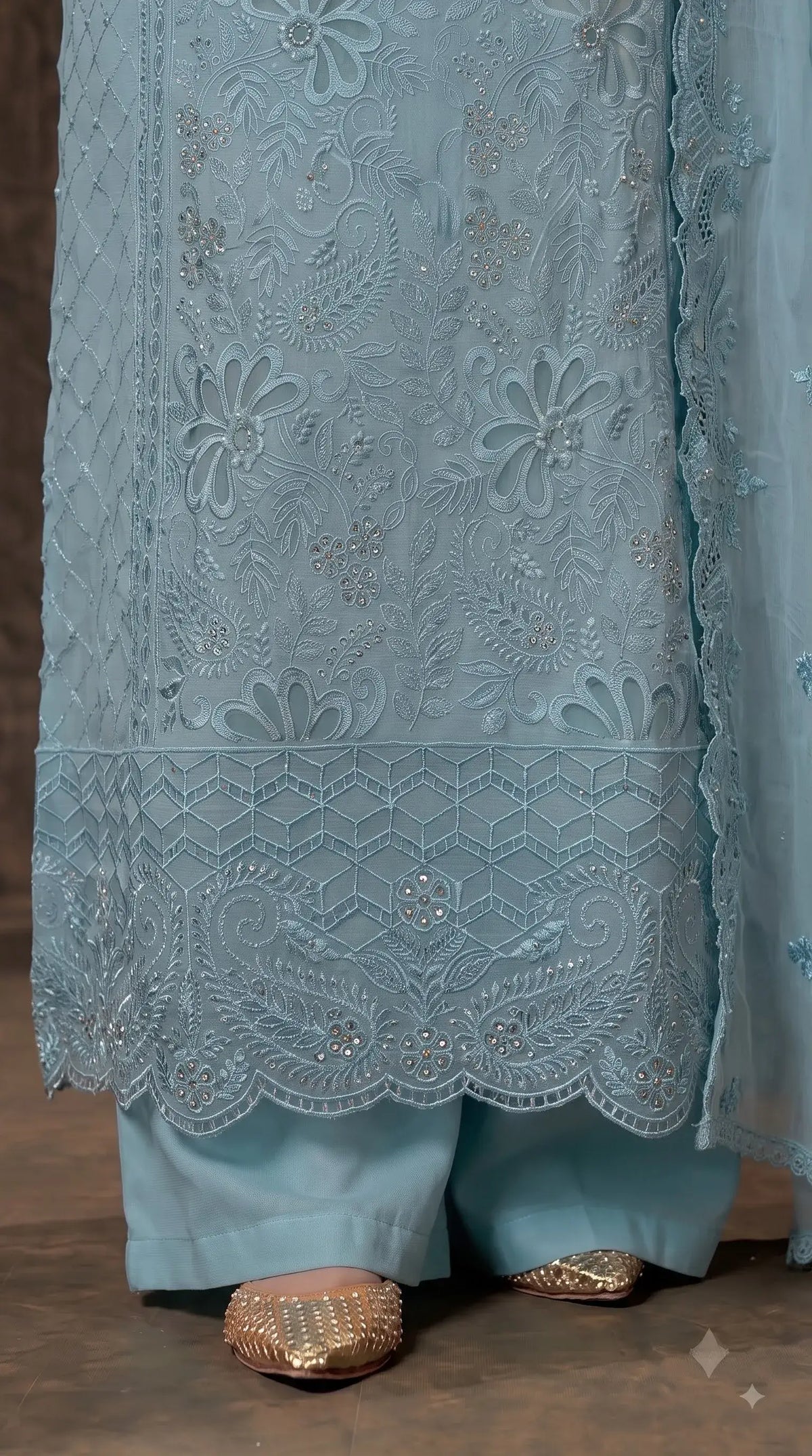 Pakistani Designer Soft Blue Pakistani Suit with Pearl Embroidery Work